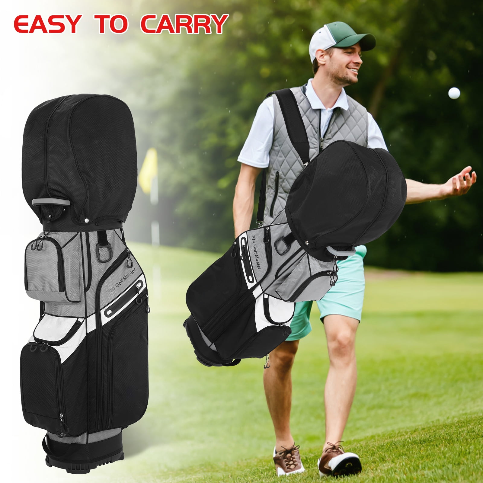 Foxnovo Waterproof Golf Cart Bag for Men Lightweight Black Nylon with Multiple Pockets