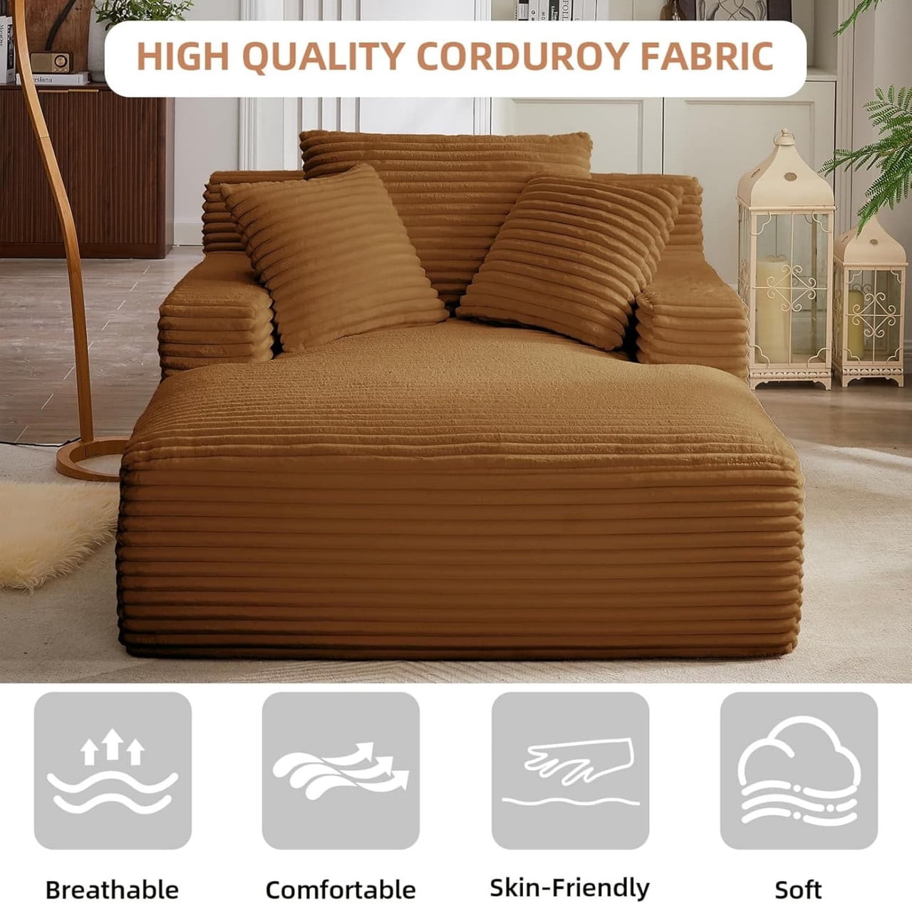 Oversized Chaise Lounge Chair Indoor, Upholstered Sofa Bed Sleeper Sofa Corduroy Cloud Couch Boneless Sofa Reading Chair with 3 Pillows for Living Room, 49.2''x66.1''