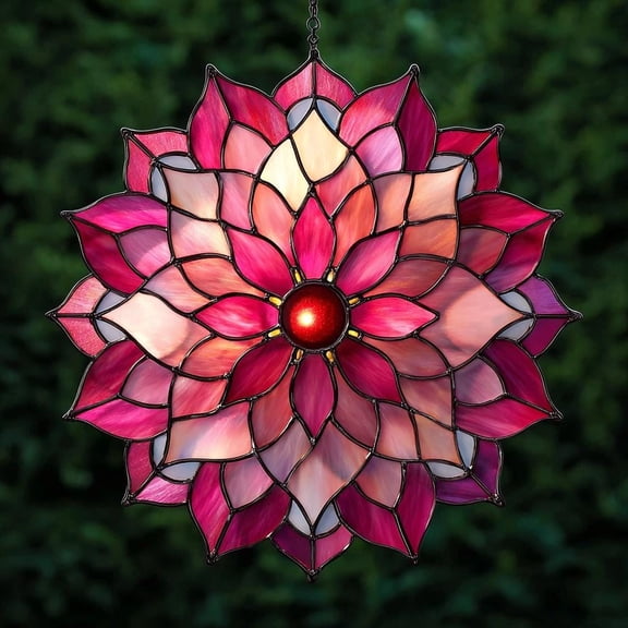 Era Gift Large Red and Pink Mandala Stained Suncatcher Boho Home Decor, Handmade Lotus Flower Window Hanging, Spiritual Meditation Gift