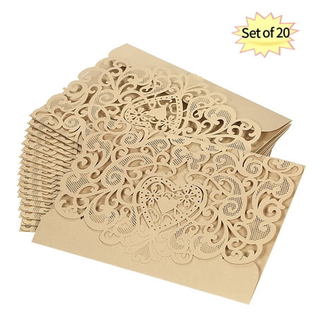 20pcs/set Wedding Invitation Card Cover Pearl Paper Laser Cut Hollow Heart Pattern Invitation Cards Wedding Anniversary Supplies--Gold