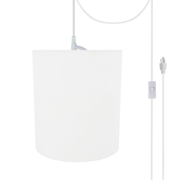Aspen Creative 71281-21 One-Light Plug-In Swag Pendant Light Conversion Kit with Transitional Drum Fabric Lamp Shade, White, 8" width