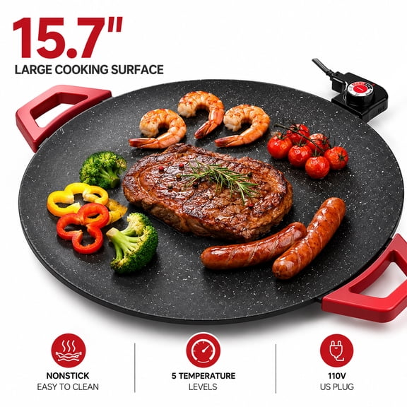 Electric Griddle, 15.7 Inch Nonstick Griddle with 5 Level Temperature Control, Smokeless Cooking Plate for Indoor Outdoor Use, 1350W