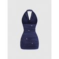 thumbnail image 2 of Navy Blue Womens Halter Neck Ruched Bodycon Mini Dress With Sparkling Glitter Detail, 2 of 7