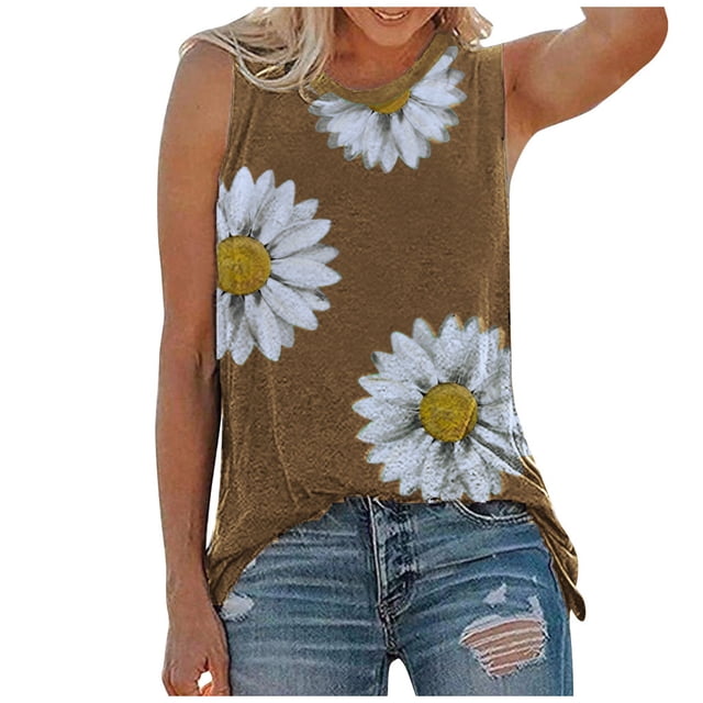 Qertyioot Hauts pour Femmes Hauts d'Été Col Rond Imprimé Marguerite Débardeur Sans Manches T-Shirts Blouse Graphique