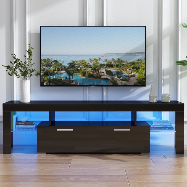 Black TV Stand for 70 inch TV, Modern High Glossy Television Table Stands TV Console