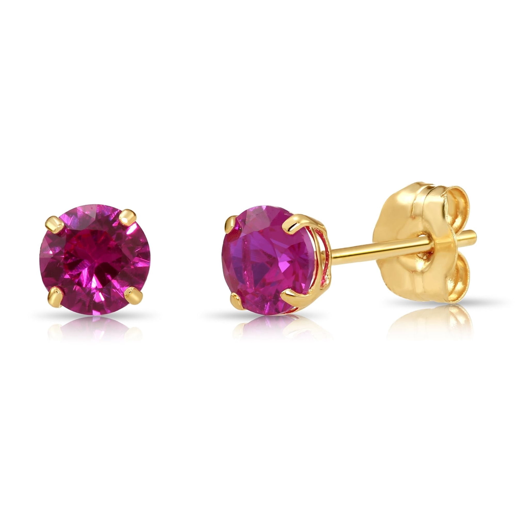 Tilo Jewelry 14K Yellow Gold Pink Round Stud Post Earrings with Cubic Zirconia CZ Birthstone | July-Ruby | Women, Men, Unisex