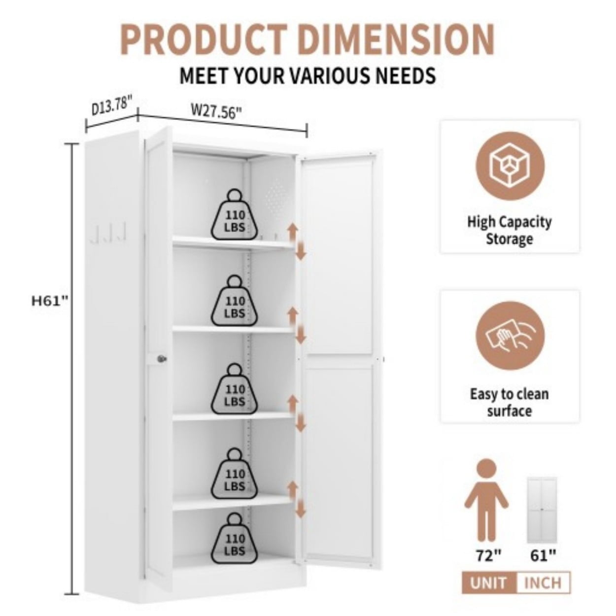 61" Metal Kitchen Pantry Cabinet, Heavy Duty Freestanding Storage Cabinet with 4 Adjustable Shelves, Farmhouse Organizer with Doors for Kitchen Living Room, White