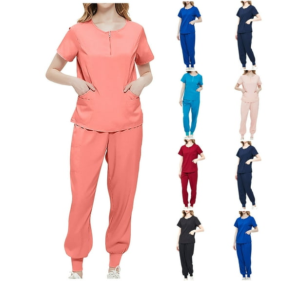 Meichang Jogger Scrubs for Women Set Short Sleeve Zip Up Crew Neck Comfy Nurse Uniform Sets Workwear Nursing Scrubs for Women Sets with Pockets