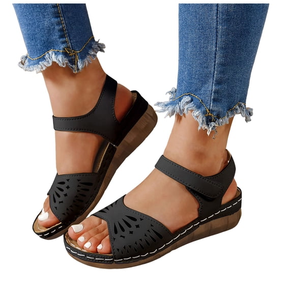 Rokment Womens Platform Wedge Orthopedic Dress Sandals 2026 Beach Summer Comfortable Leather Hollow out Open Toe Low Heel Ankle Strap Ortho Walking Non Slip Work Shoes Black Size 6.5