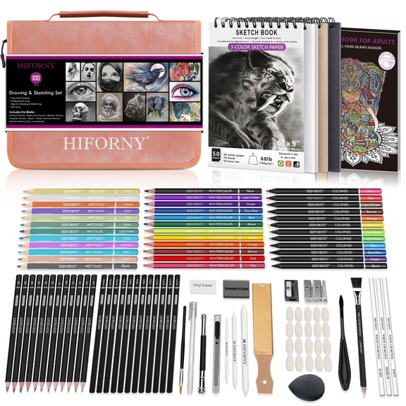 HIFORNY 100 PCS Drawing & Sketching Set, Professional Art Supplies with Graphite,Charcoal, Colored,Watercolor,Metallic Pencils,Blending Tools,Sketchbook and Coloring Book in Zipper Case(Pink)
