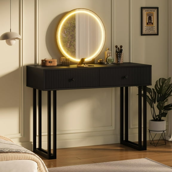 Vanity Desk with Mirror and Lights, Small Makeup Vanity with 2 Drawers, Modern Vanity Organizer 49.2”H Makeup Vanity with 3 Color Lights and Adjustable Brightness, Dressing Table