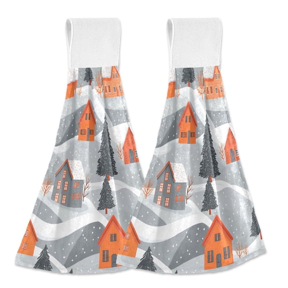 Yayeee Kitchen Hanging Hand Towels Set of 2 with Loop Bathroom Absorbent Tie Towel, Gray Snow Houses