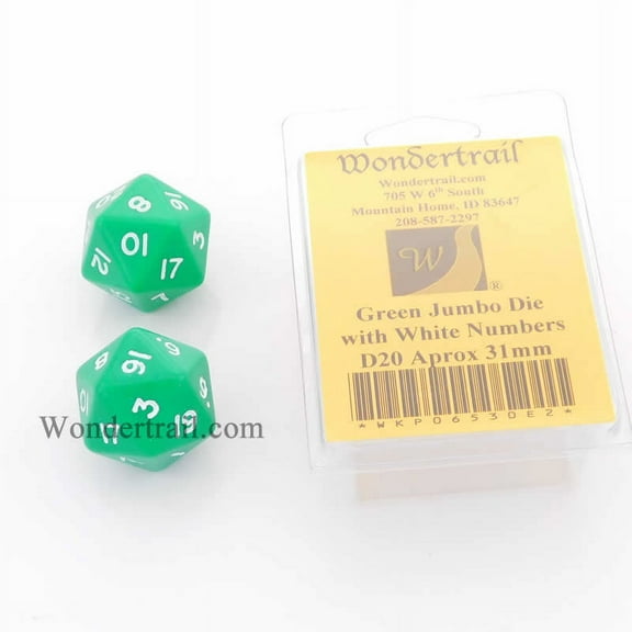 Green Jumbo Dice with White Numbers D20 31mm (1.25in) Pack of 2 Wondertrail