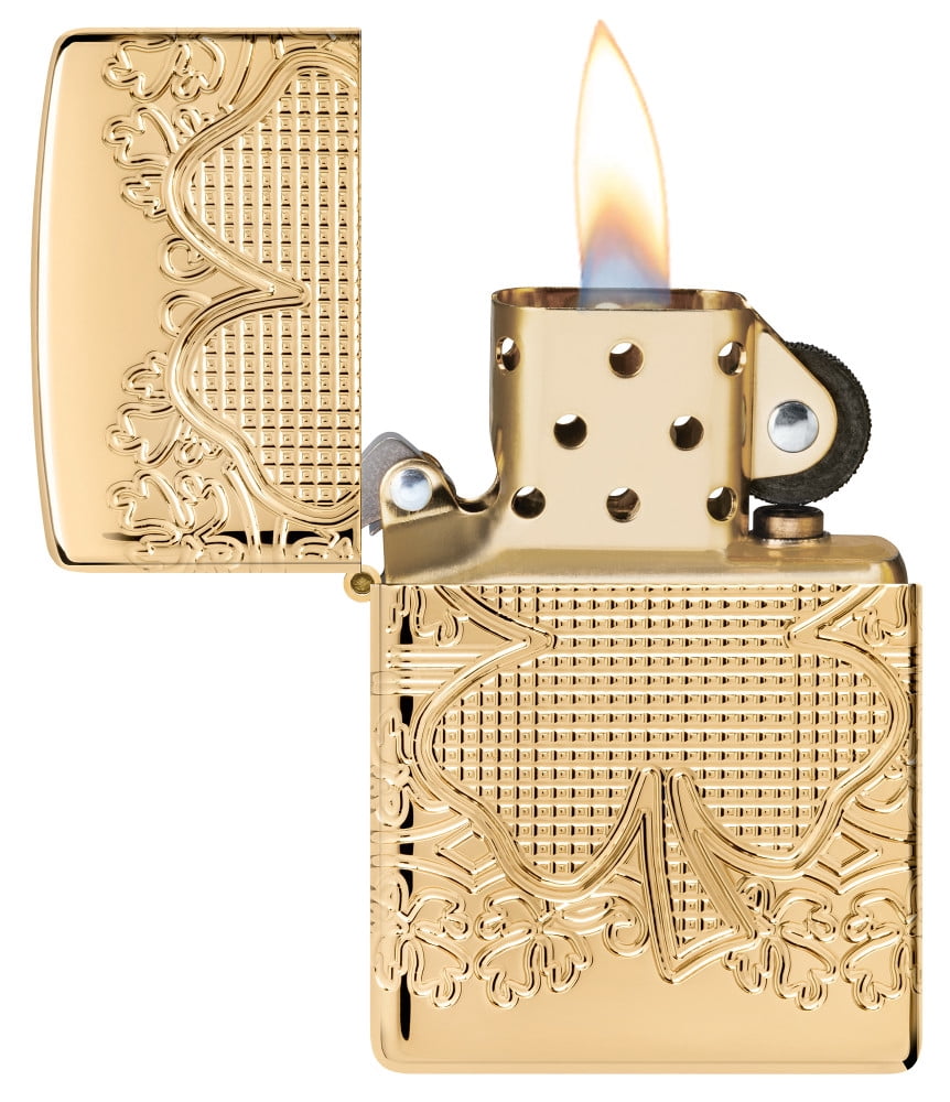 Zippo Lucky Clover Design Armor High Polish Gold Plate Pocket Lighter