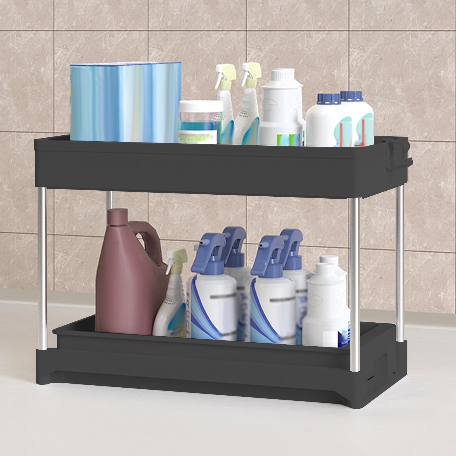 Yika 1 Pack Under Sink Organizer, 2 Tier Bathroom Cabinet Organizer with Sliding Basket, Multi-Purpose Under Sink Organizers and Storage for Bathroom Kitchen