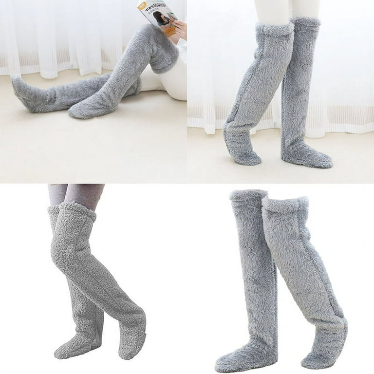 Snuggs Cozy Socks, Over Knee High Fluffy Socks Plush Slipper Stockings Fuzzy  Leggings, Over Knee Slippers, Light Grey 