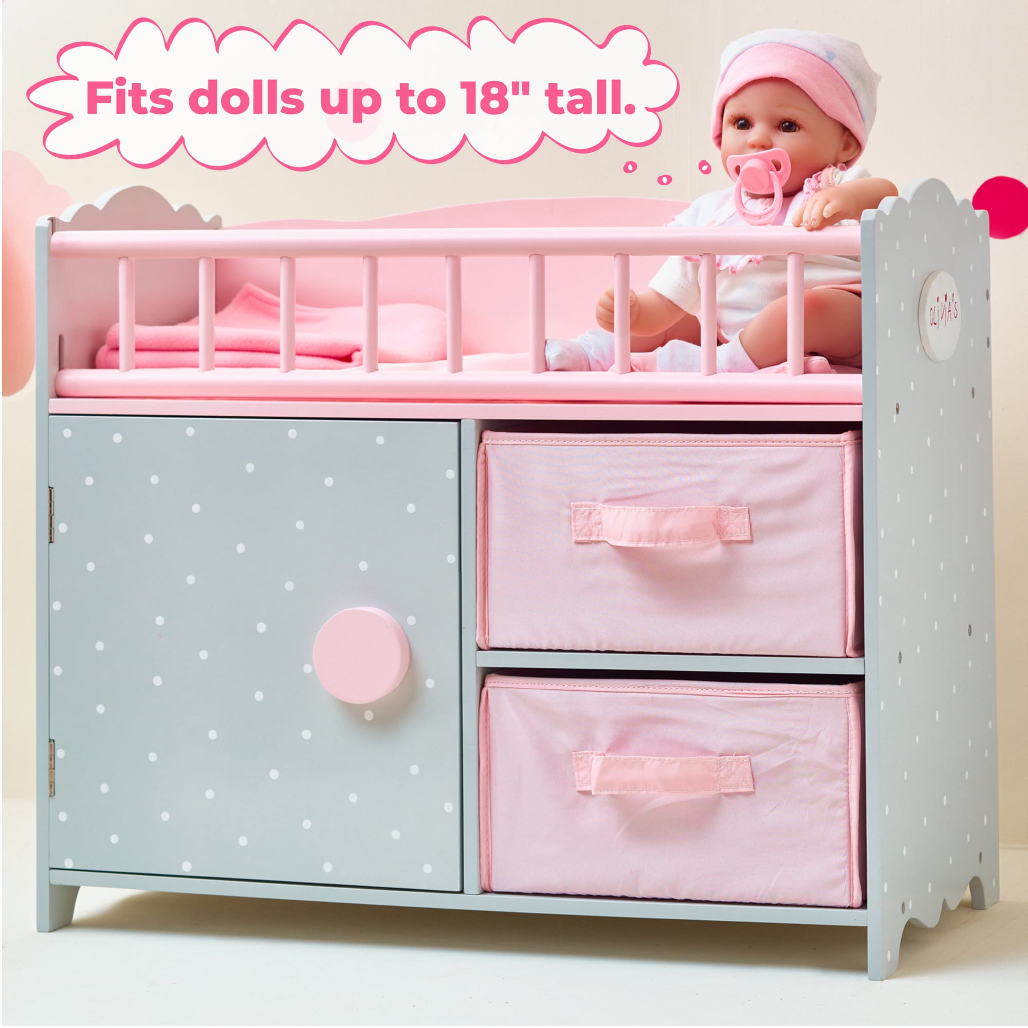 Olivia's Little World Wooden Baby Doll Crib + Under-the-Crib Storage, Pink/Gray