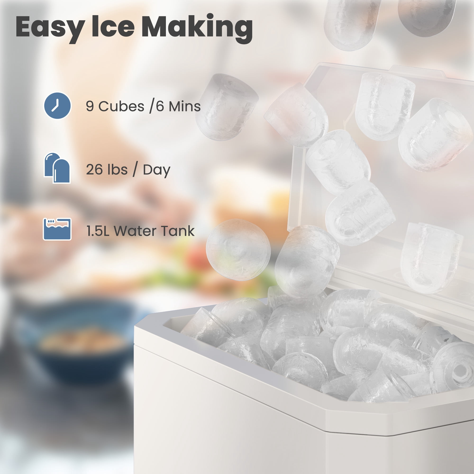 CONCETTA Countertop Ice Maker, 9pcs in 6 Mins, 26lbs/24H ,Bullet Ice Maker with Ice Scoop and Basket, White
