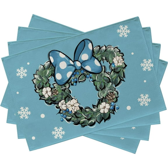 Winter Mouse Wreath Placemats Set of 4, Blue Snowflake Poinsettia Cotton Polka Dots Bow Dining Table Place Mats, Christmas Holiday Seasonal Kitchen Decor Home Decoration 12 x 18 Inch