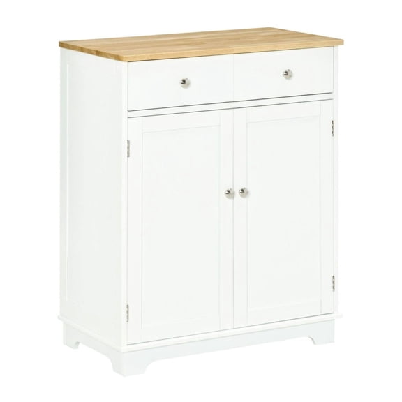 Kitchen Storage Cabinet, Sideboard Floor Cupboard with Solid Wood Top, Adjustable Shelf & 2 Drawers for Living Room, Hallway, White