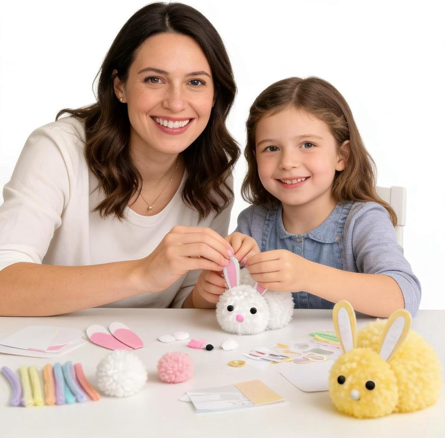 Build a Bunny Easter Craft Kit (1/4 Pack), DIY Make Your Own Stuffed Fluffy Rabbit with Pom Poms and Felt Ears, Spring Party Favors Basket Stuffer