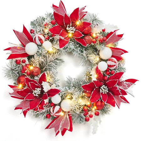 Christmas Wreaths for Front Door Winter Wreaths Christmas Door Wreath with Red Christmas Flowers and Red Ball Pine Cones for Christmas Decor