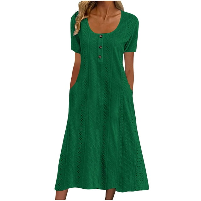 Hyknon Womens Robes d'Été Mode Manches Courtes Bouton Col en V Plissé Robe de Plage Ample à Volants Fluide Maxi P-2TG