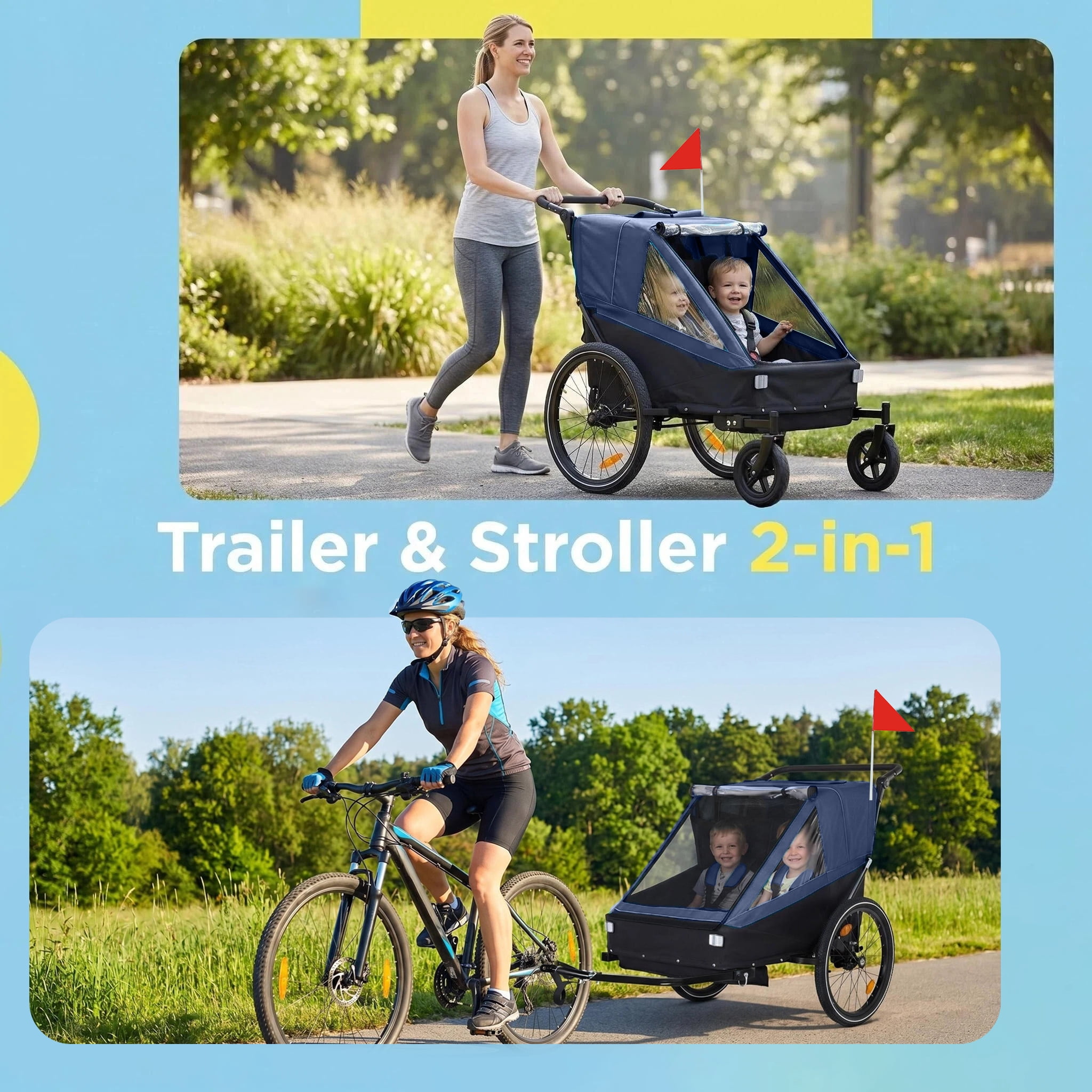 2 in 1 Kids Bike Trailer and Stroller for 1 to 2 Children, Jogging Function, Foldable Compact Storage with Universal Bike Hitch, 5-Point Harness and Storage Bags, Dark Blue