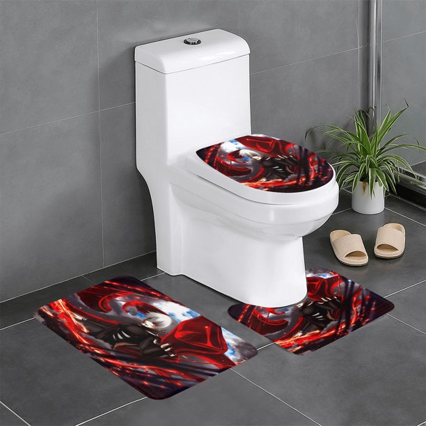Tokyo Ghoul Juego de 3 alfombras de baño de coral fleece: tapete de baño + alfombra de inodoro en forma de U + funda de tapa de inodoro en forma de O