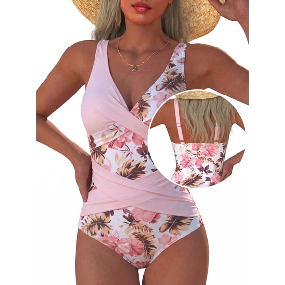 Kaperf Women's Floral Print One Piece Swimsuit, Tummy Control Ruched V Neck Bathing Suit with Adjustable Straps