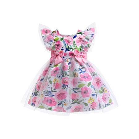

Pfysire Kids Girls Bowknot Princess Dress Rose Print Dress Wedding Party Ball Gown