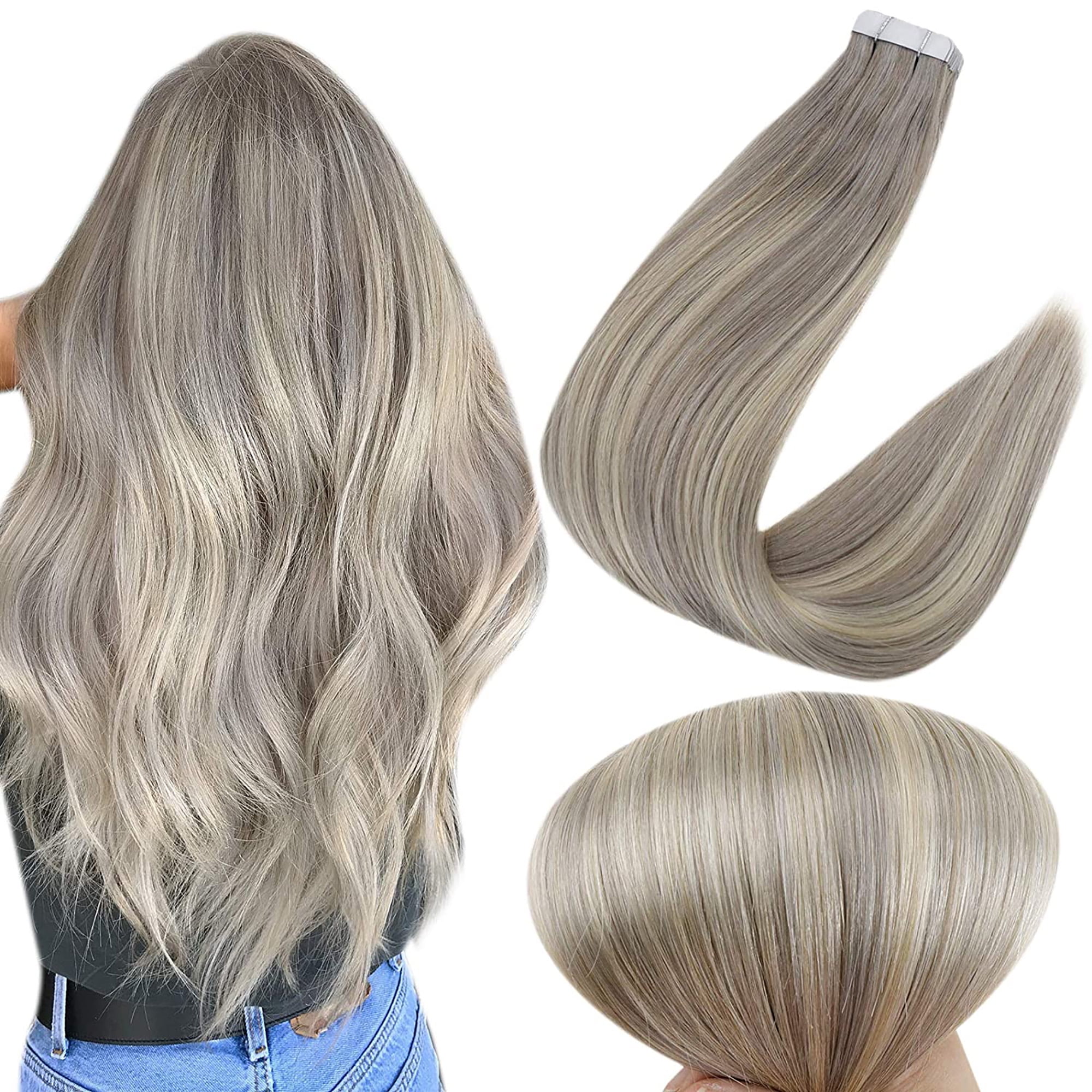 Full Shine Remy Tape in Hair Extensions Human Hair 20Pcs 14 inch Blonde  Grey Highlights Extensions Straight Hair 50g 
