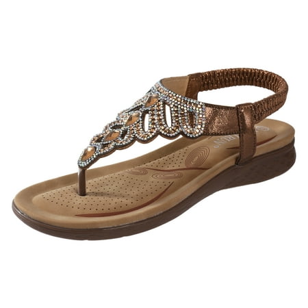 

Sandals For Women Comfort With Elastic Ankle Strap Casual Bohemian Beach Shoes Fashion Crystal Rhinestone Decor Scallop Trim Thong Sandals Walking Sandals for Women with Arch Support Sandals Shoes