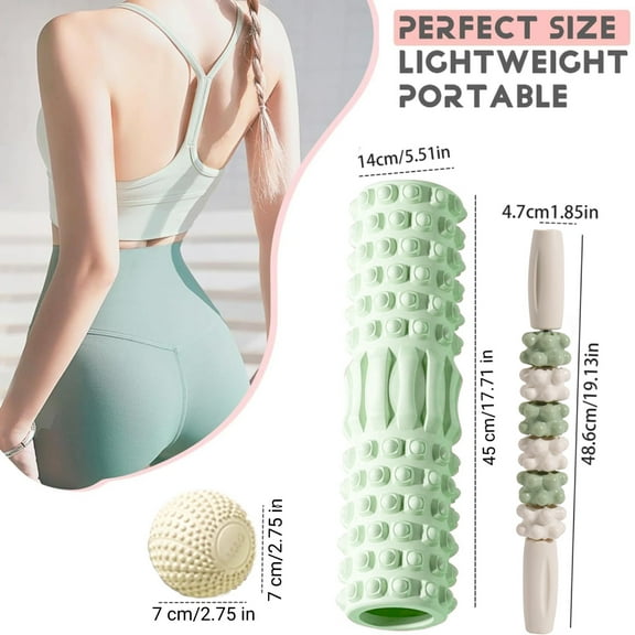 3-in-1 Foam Roller Set, Massage Roller Stick, Massage Ball, Resistance Band for Deep Muscle Massage, Trigger Point Release, Pilates, Yoga (Green)