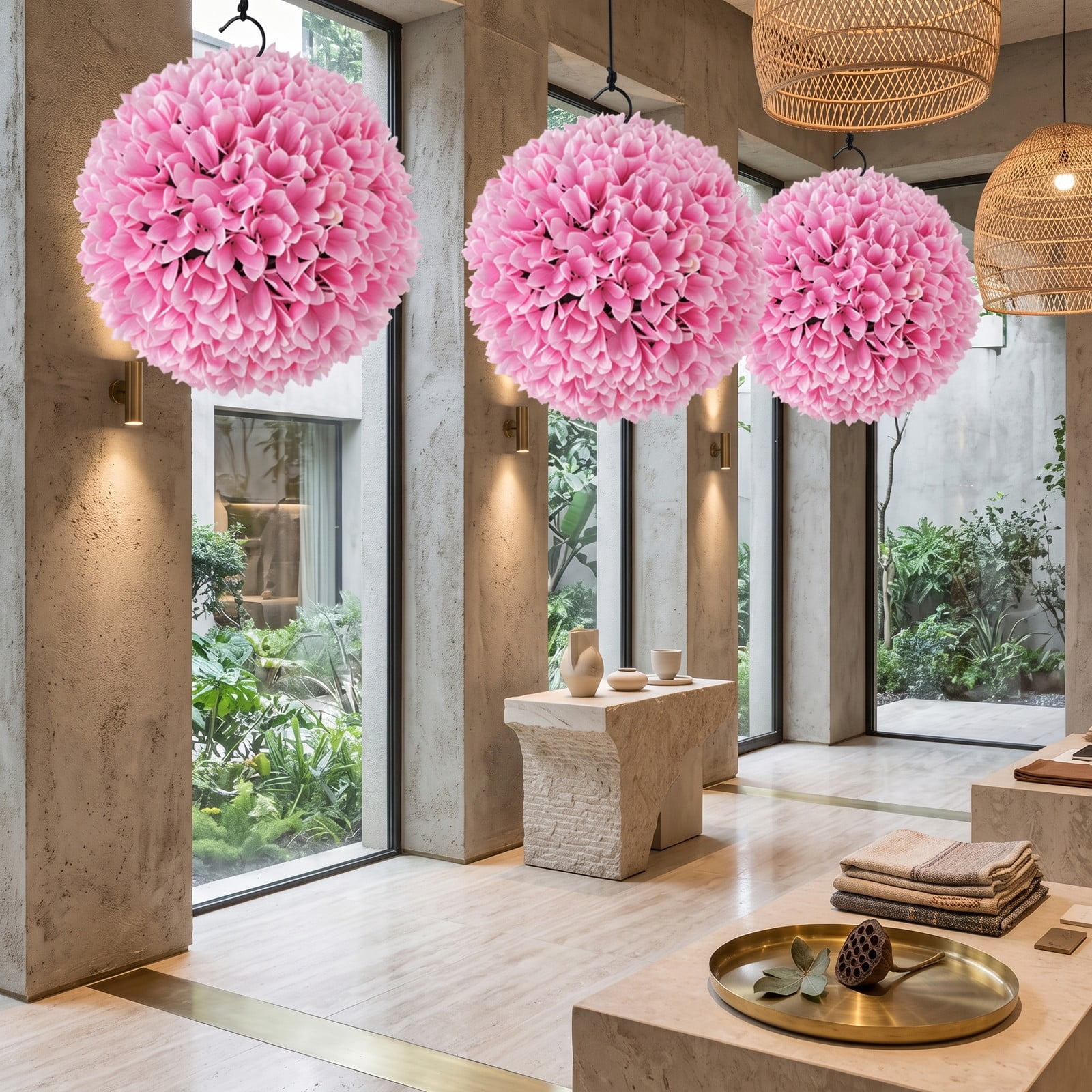 ALPULON Set of 2 Pink Artificial Topiary Balls, 11 Inch Lifelike PE Decorative Floral Spheres for Indoor Outdoor Porch Yard Home Wedding Decor
