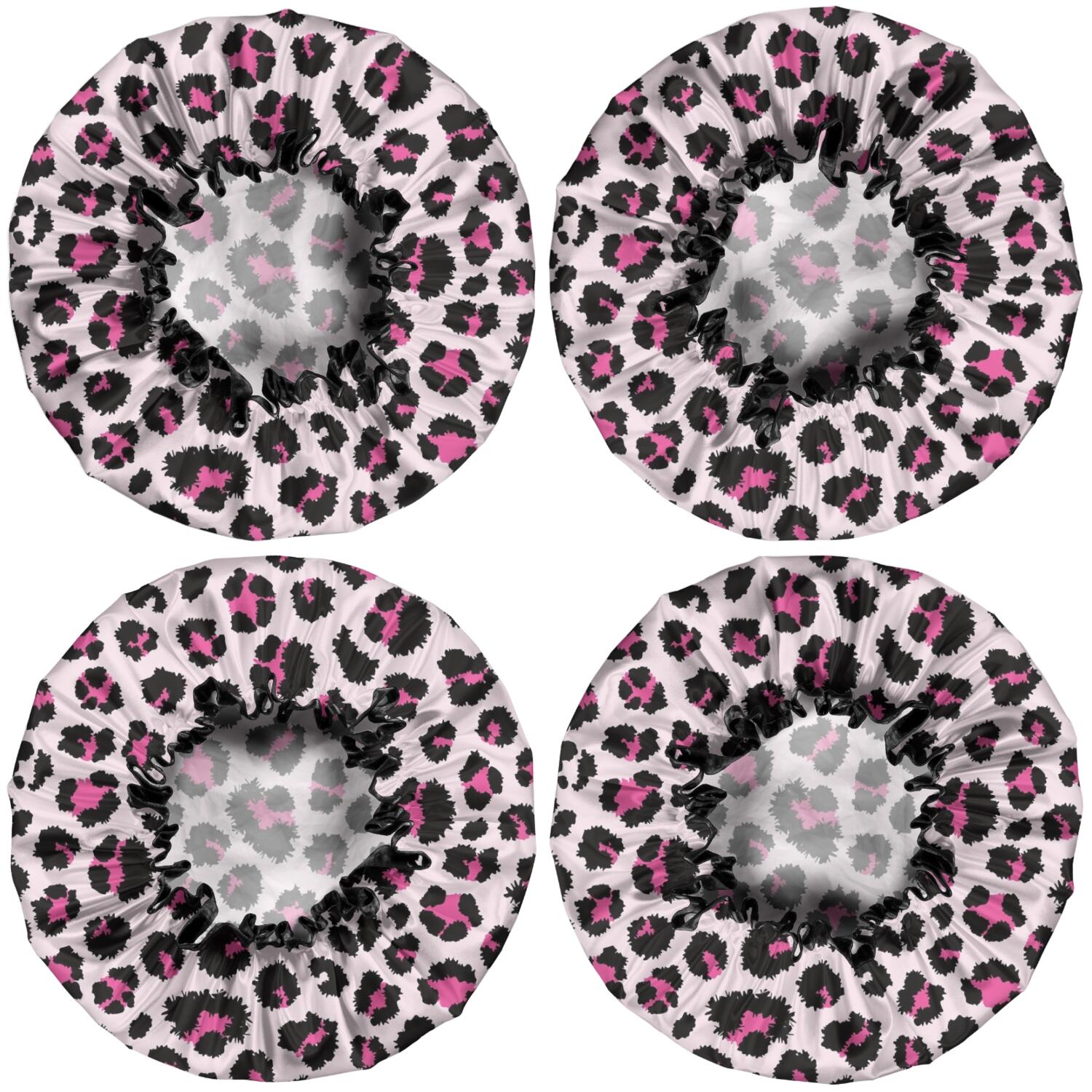Shower Caps,Pink and Black Of Leopard Print Waterproof Shower Cap for Women 4 Pieces,Double Reusable Hair Cover for Shower PEVA Elastic Stretch Hem