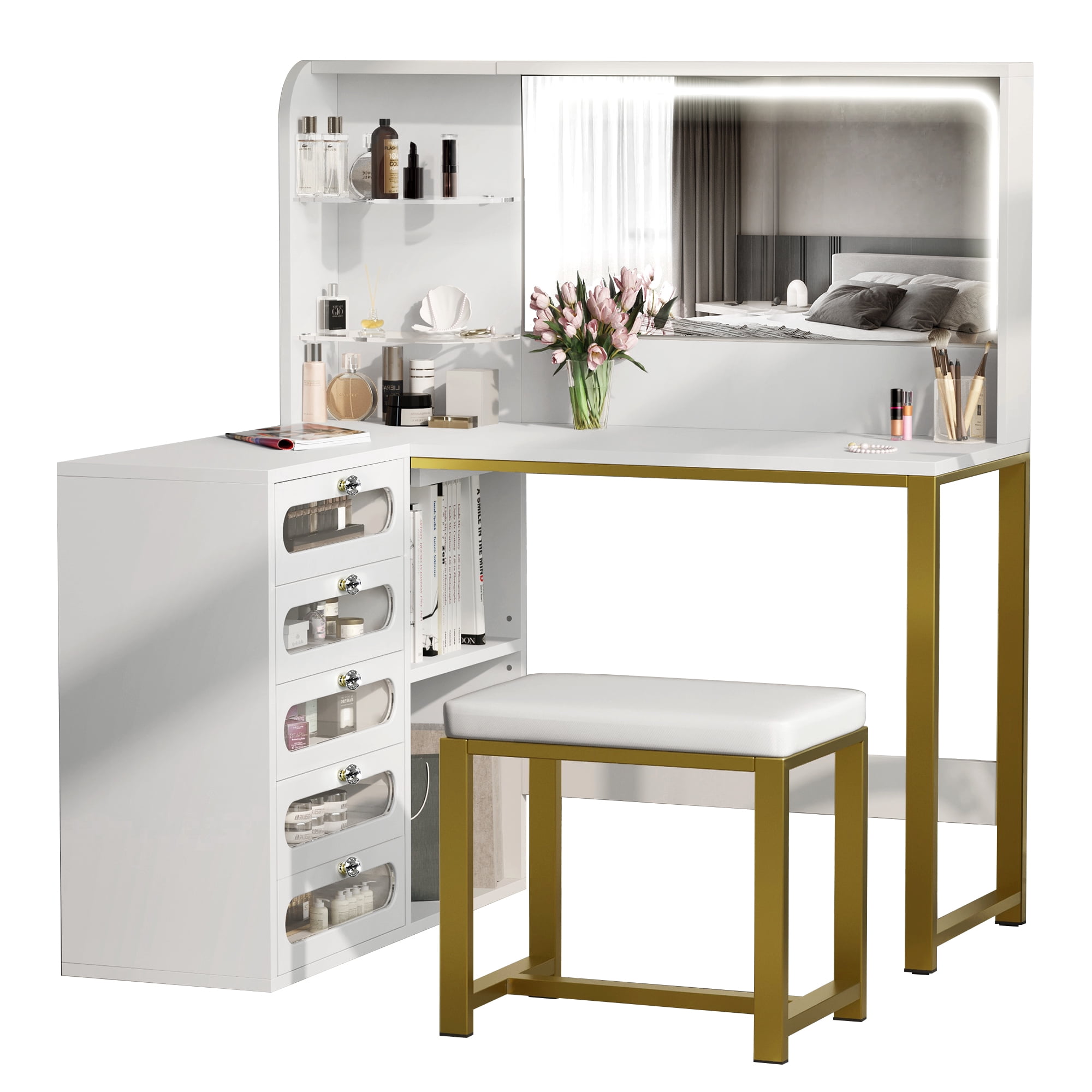 Dextrus Vanity Table Set with Mirror and LED Light, L Shaped Modern Makeup Vanity Dressing Table, 5 Visualized Drawers and Storage Shelves for Bedroom, Gold Corner Vanity Desk for Women Girls,White