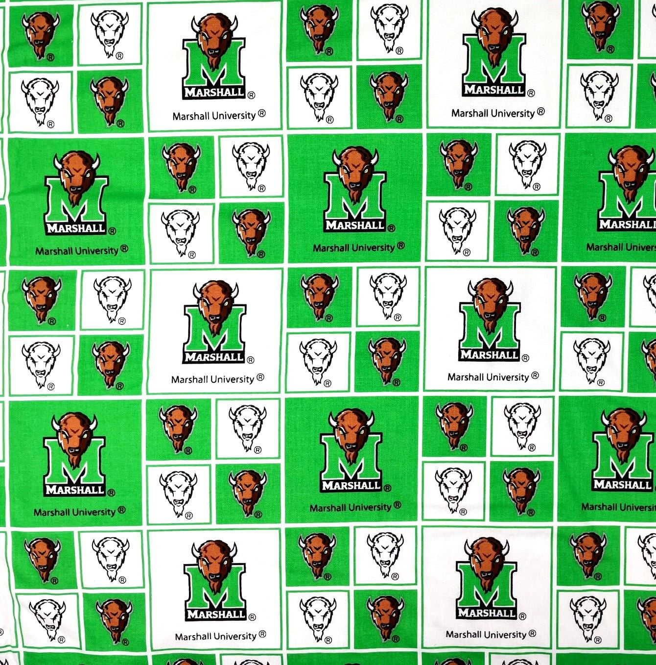 1 Yard - Marshall University Marco the Bison Green Block Cotton Fabric (Great for Quilting, Sewing, Craft Projects, Throw Pillows & More) 1 Yard X 44" Wide
