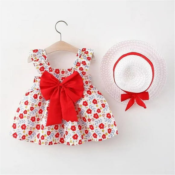 Robes pour Filles Tout-Petits Florales Sans Manches Robe d'Été Évasée avec Nœud au Dos et Chapeaux pour Bébés Filles