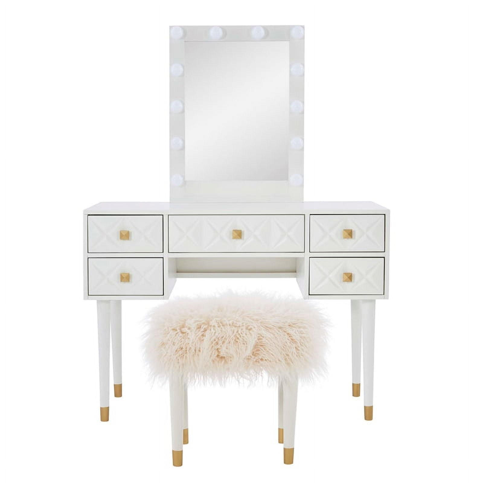 Linon Alick Wood Geo Texture Lighted Vanity and Stool Gold Accents