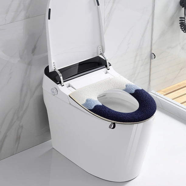 Funda de asiento de inodoro bordada modelo con cremallera | Poliéster lavable suave | Azul | 43x37cm | Cojín Four Seasons cómodo e higiénico | Fácil de instalar, duradero, se adapta a la mayoría de
