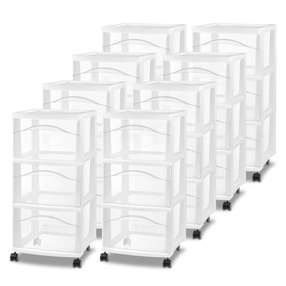 Sterilite 3 Drawer Storage Cart - Plastic Rolling Organizer - 8 Pack, White