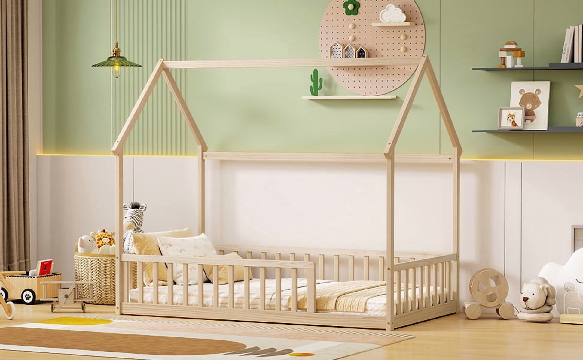 Mintazer Twin Size House Toddler Floor Bed with Guardrails, Kids Montessori Low Bed with Roof Frame for Bedroom Playroom, Natural