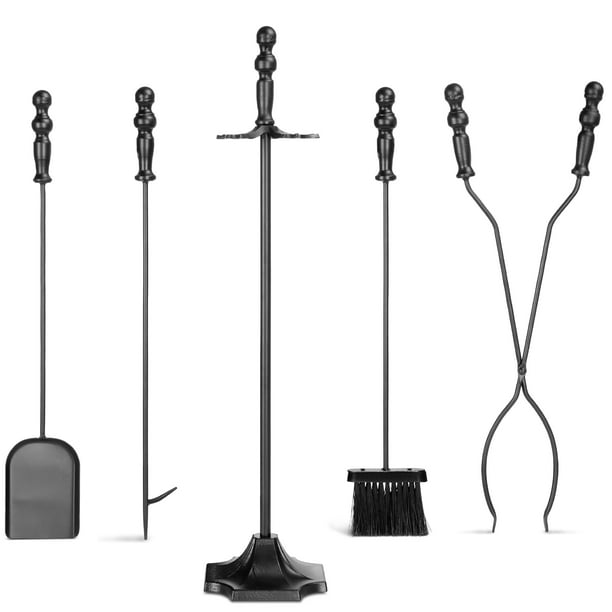 Best Choice Products 5 Piece Indoor Outdoor Fireplace Iron Tool Set W Tongs Poker Broom Shovel Stand Black Walmart Com Walmart Com