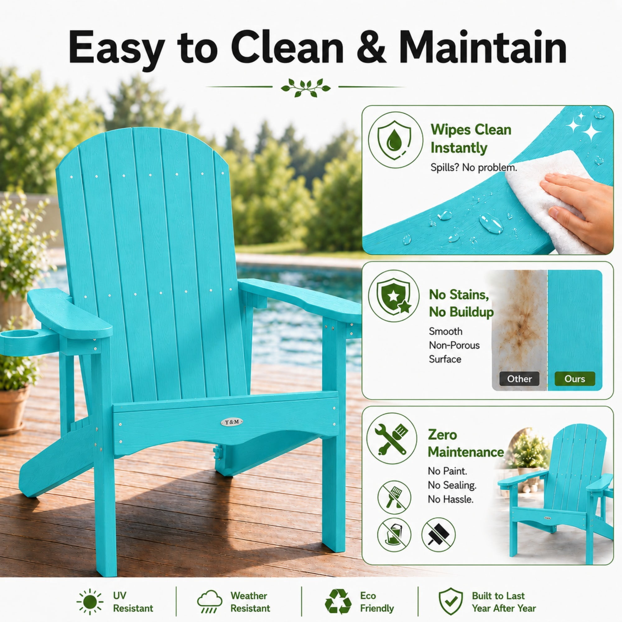 Y&M Adirondack Chair, HDPE Weather Resistant Outdoor Chair with Cup Holder, Aruba Blue