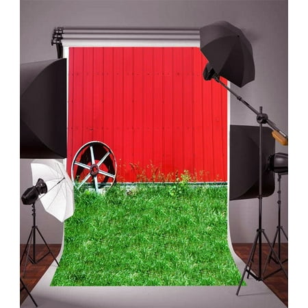 GreenDecor Polyster 5x7ft Photography Background Rural Barn Red Wall Grass Field Rusty Iron Wheel Scenery Personal Portraits Shooting for Video Photo Studio