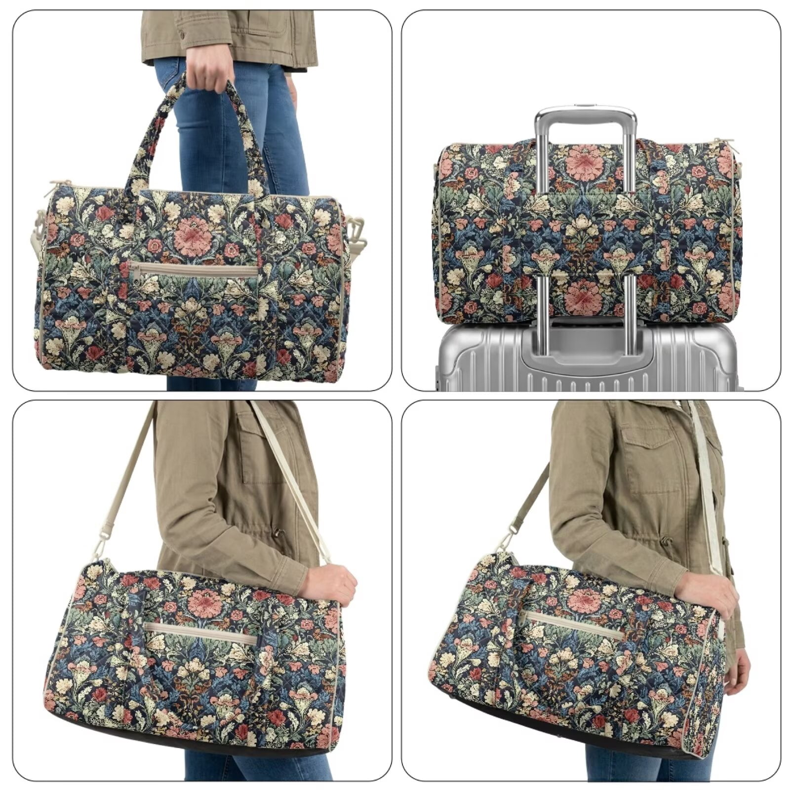 Chririnla Classic Dark Floral Print Quilted Sports Bag Universal Fit Gym Duffle Casual Change Bag with Separate Compartment & Polyester Fabric for Women Men