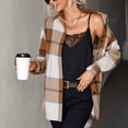 thumbnail image 3 of Camisa a cuadros para mujer, dobladillo alto y bajo, cuello vuelto, cárdigan clásico de manga larga para mujer, color caqui S, 3 of 8