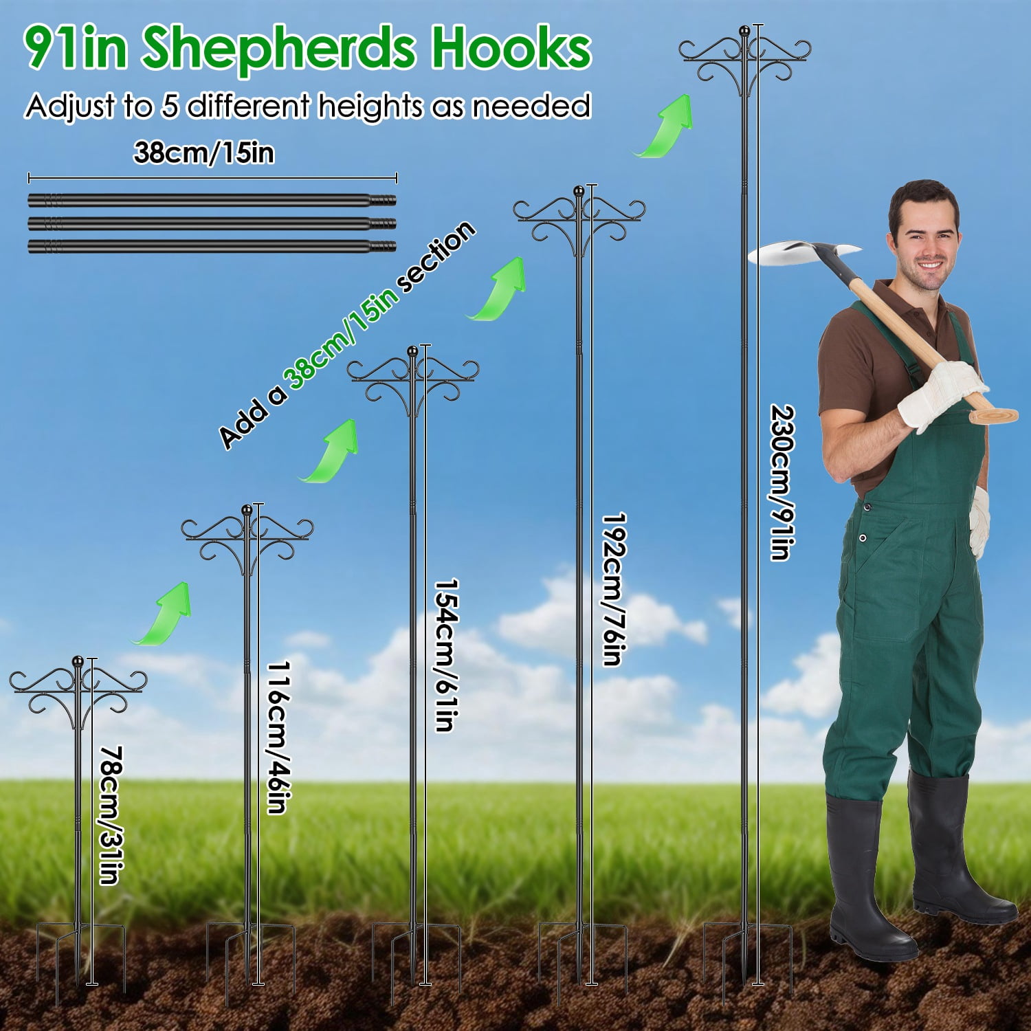 2 Packs Bird Feeder Pole Shepherds Hook Bird Feeder 91in Heavy Duty Double with 4 Adjustable Height 5 Prong Base for Garden Plant Lantern Outdoor Garden Patio