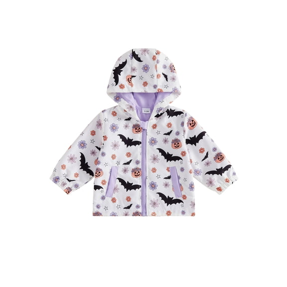 RUINIXCW Toddler Girl Halloween Jacket Pumpkin Ghost/Flower Bat Print Hooded Long Sleeve Coat Zipper Outerwear